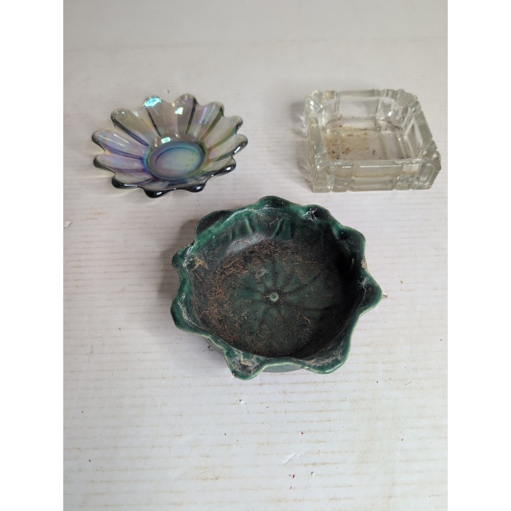Lot Of 3 Vintage Ashtrays Candy Dishes Square Cabbage Circular Green Iridescent